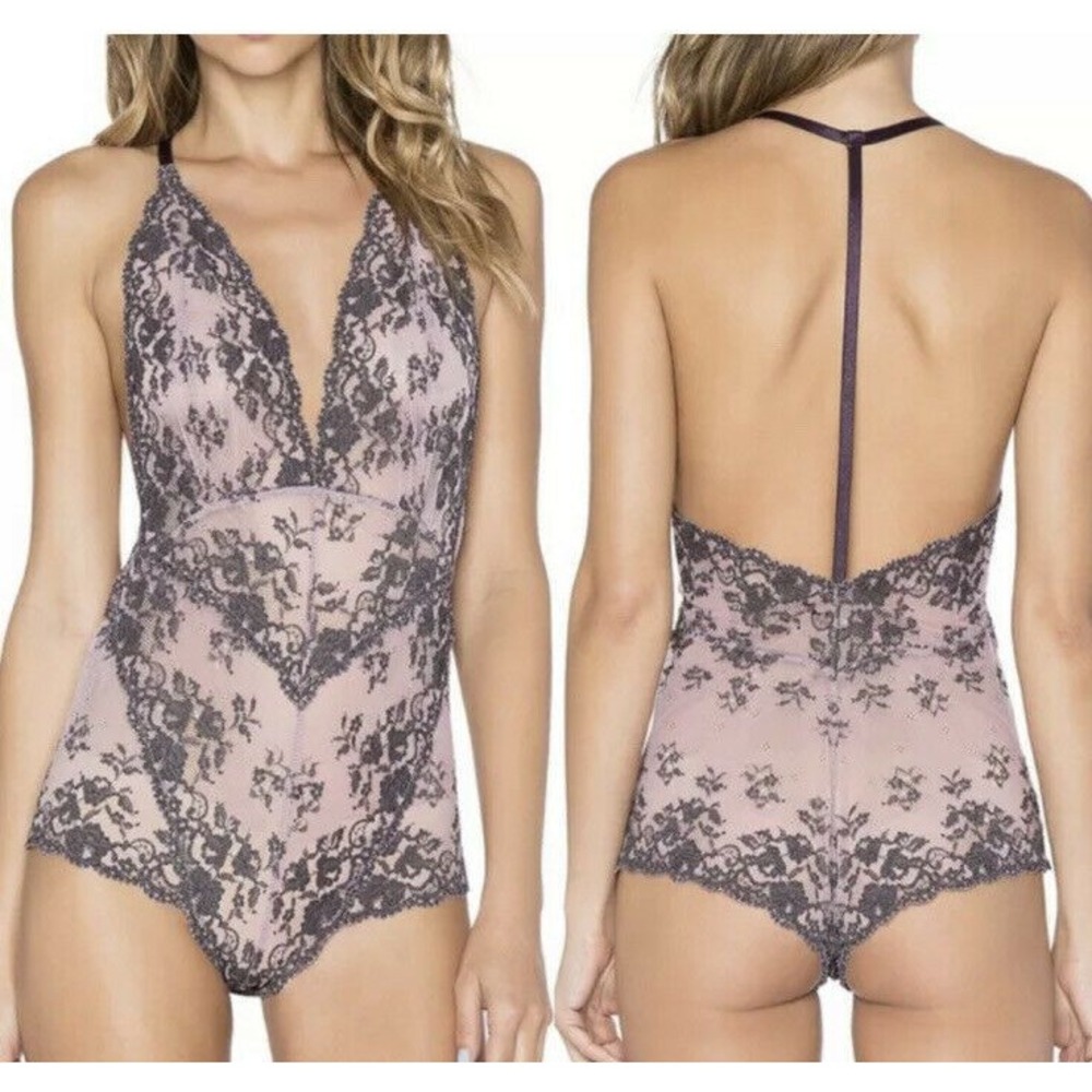 Free People Intimately Too Cute to Handle Bodysuit Large Eggplant Combo NWT